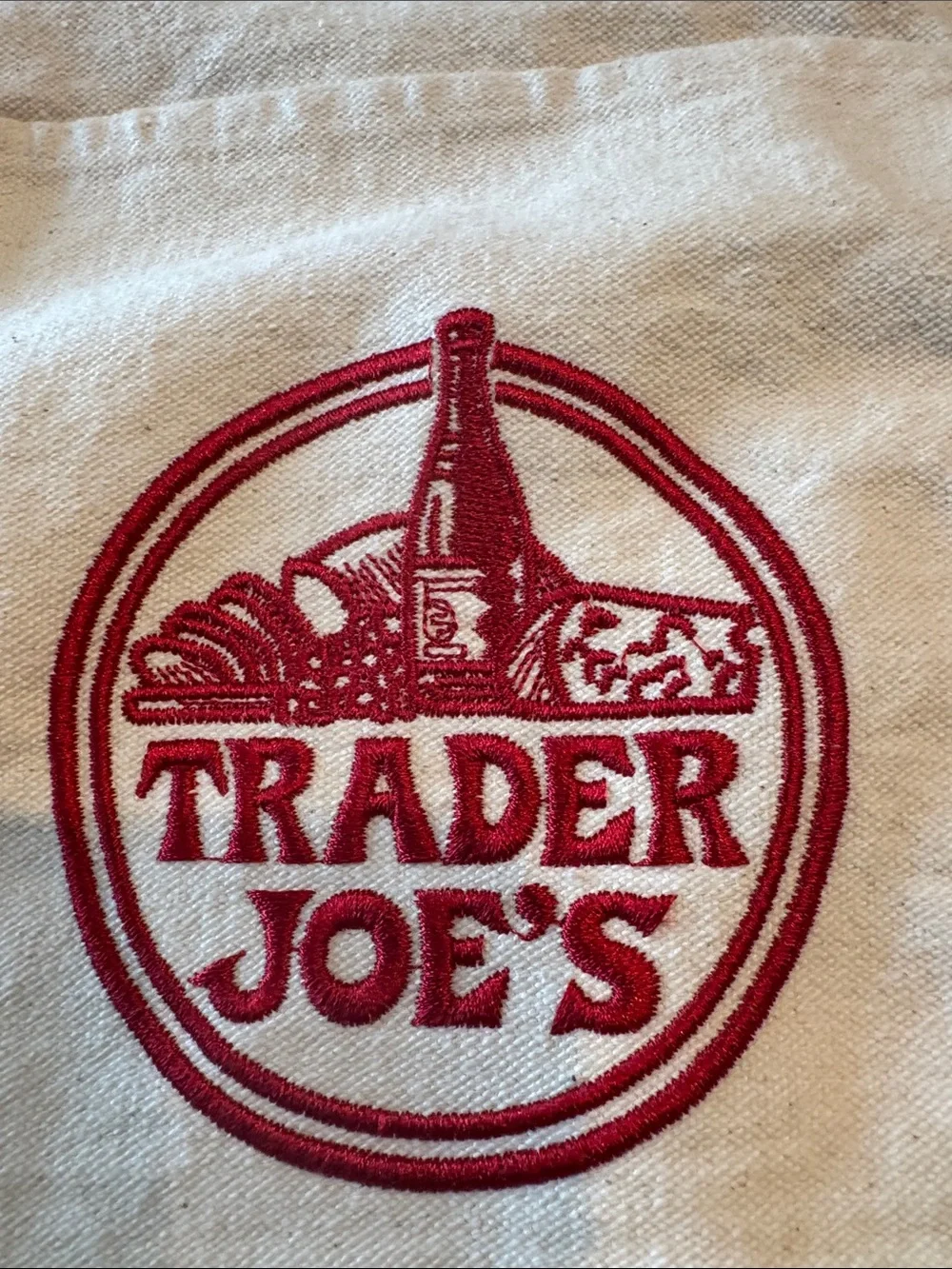Trader Joe's Canvas Tote Bag in Cream and Navy black embroidered logo